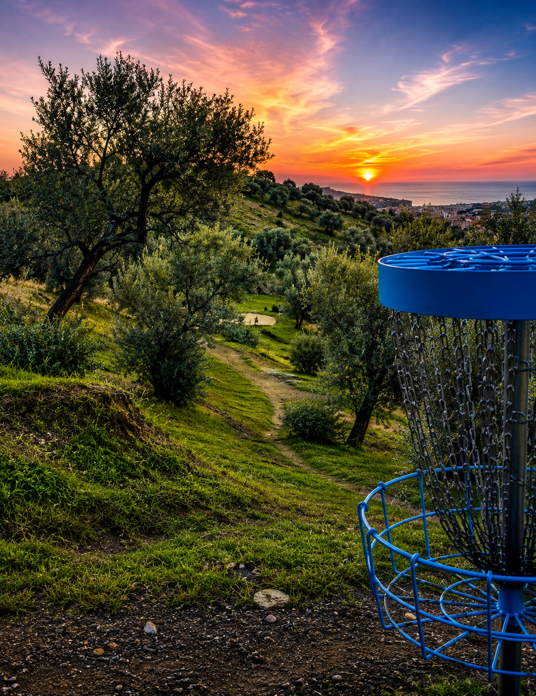 Blue basket overlooking the fairway and Mediterranean sunset
