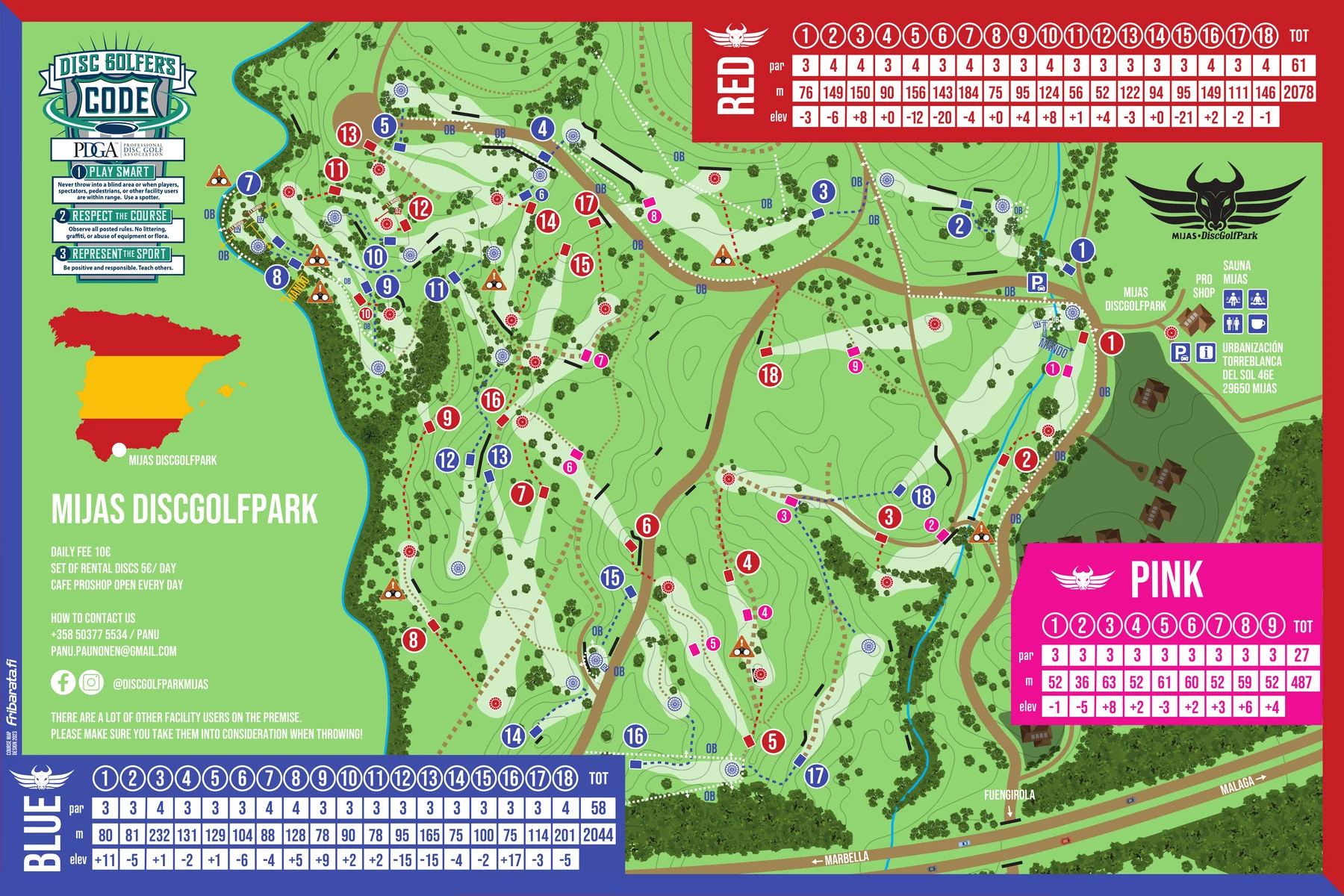 DiscGolfPark Mijas course map with Red, Blue and Pink layouts