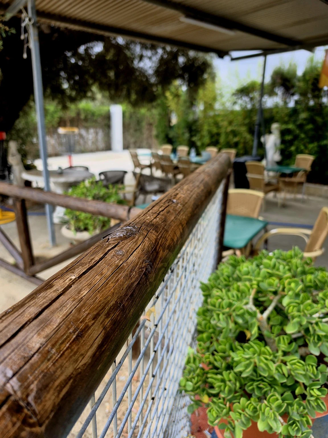 Shaded Pro Shop terrace viewed along the wooden railing